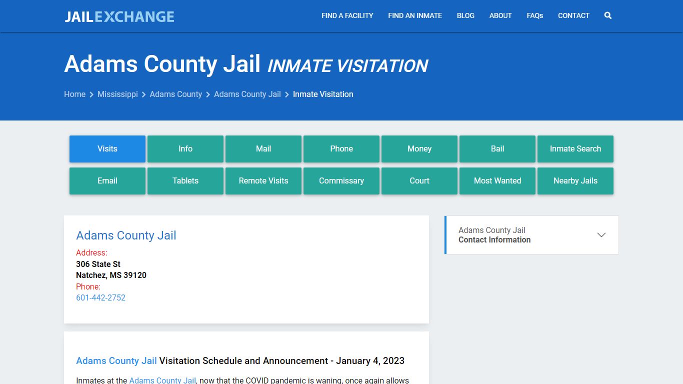 Inmate Visitation - Adams County Jail, MS - Jail Exchange